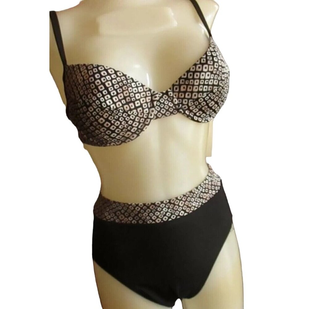 Vtg 7/8 Tropical Black & White Geometric Bikini Set Padded Underwire Top 1980's